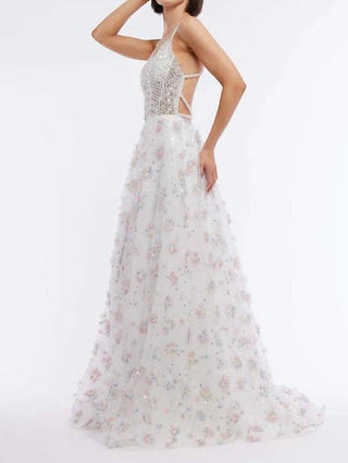 Vienna Prom - Floral Plunging V-neckline A-line Long Gown