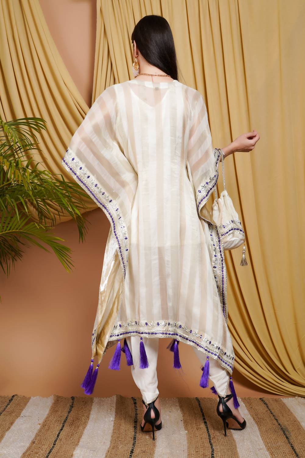 Zaalima Fashion - Striped Organza Kaftan Suit With Mirror Work And Tassel Accents