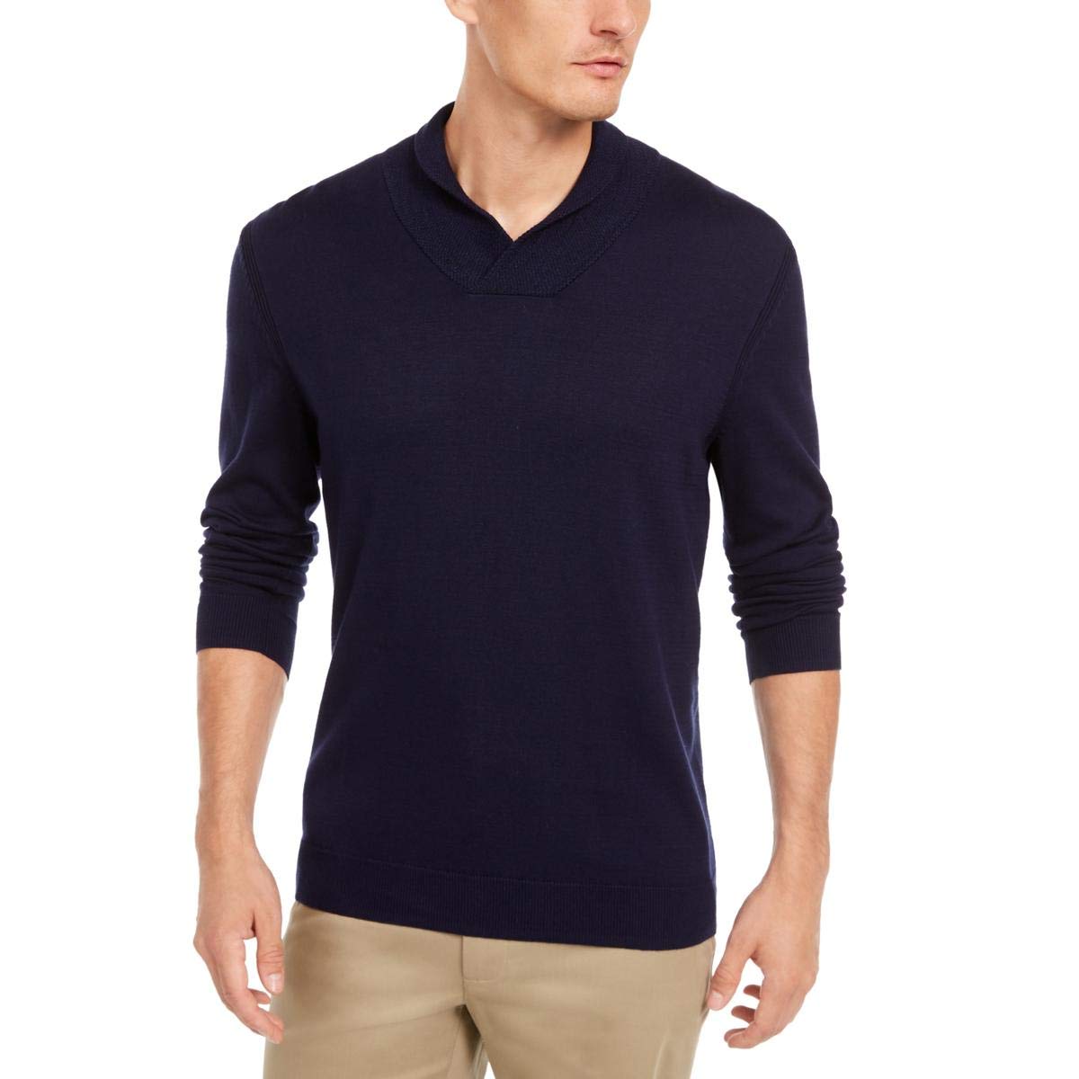 Tasso Elba Mens Supima Cotton Knit Shawl-Collar Sweater Navy S