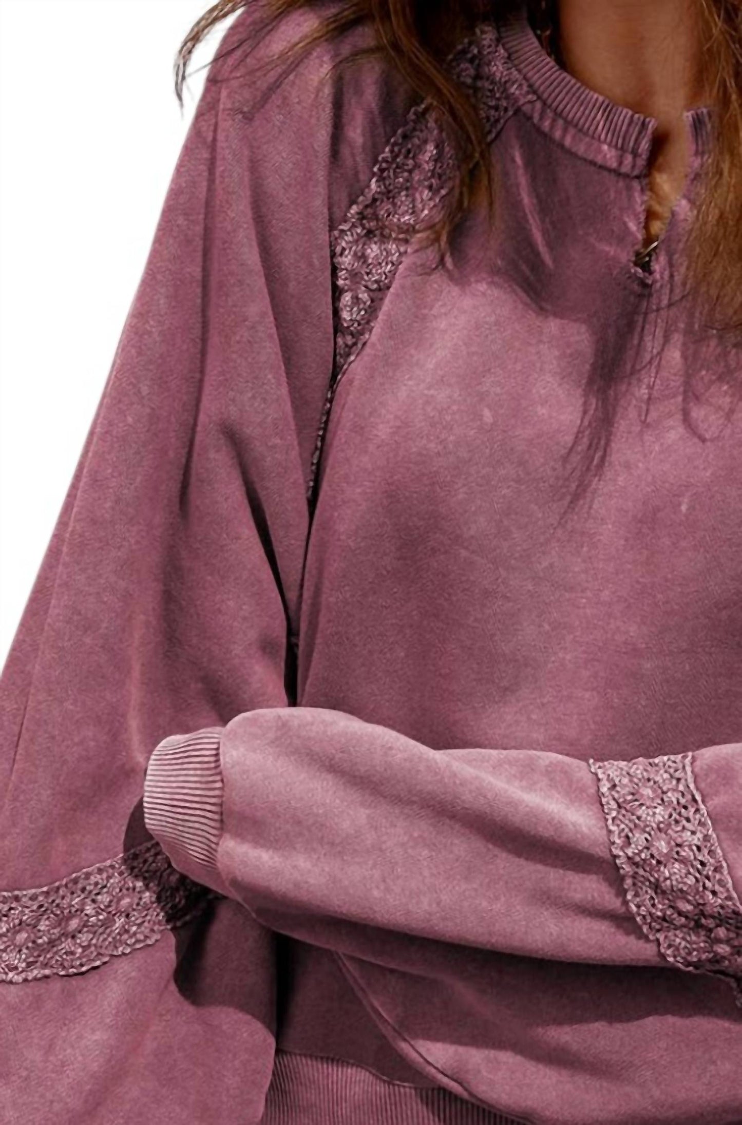 1 The Woman - Lace Patchwork Detail Notched Neck Mineral Wash Sweatshirt