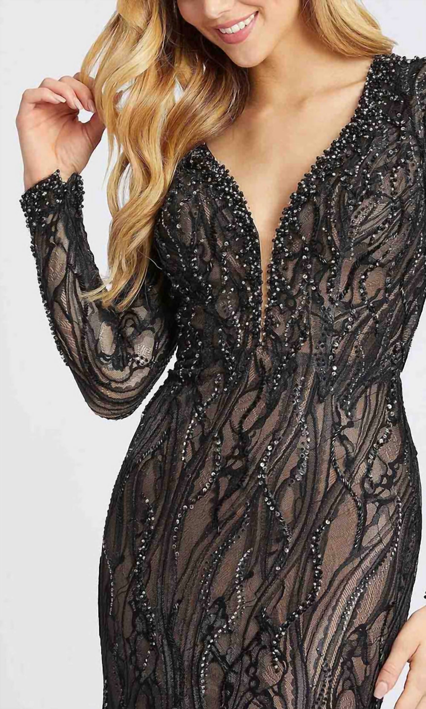 Mac Duggal - Beaded Illusion Long Sleeve Mermaid Gown