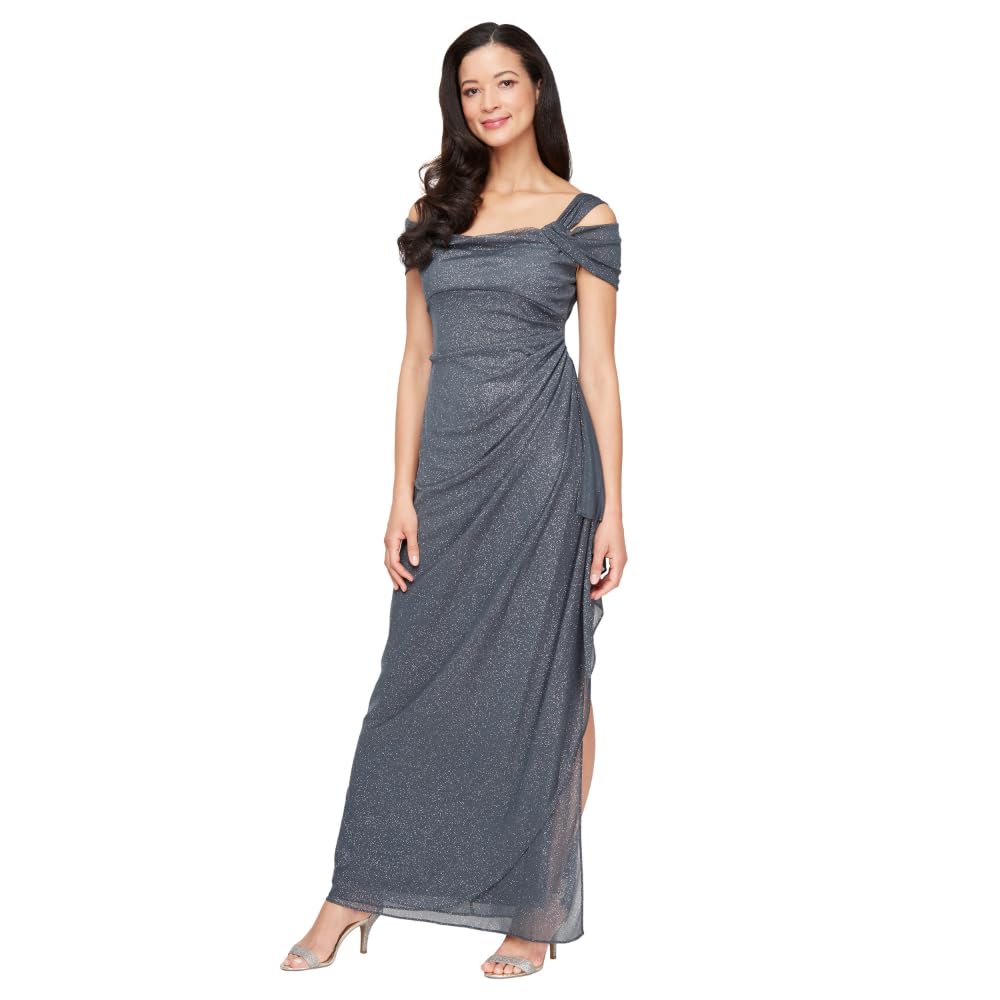 Alex Evenings Women's Long Cold Shoulder Dress (Petite and Regular Sizes), Smoke Glitter, 12