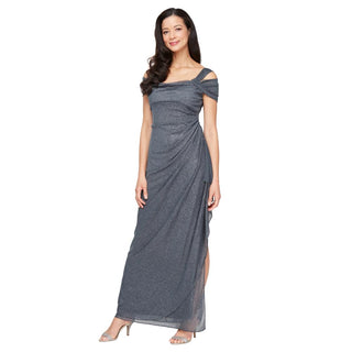 Alex Evenings Women's Long Cold Shoulder Dress (Petite and Regular Sizes), Smoke Glitter, 12