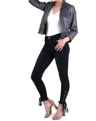 Umgee - Embroidered Lace Up Ankle Skinny Jeans