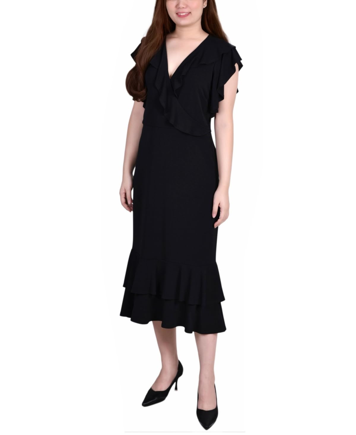 Ruffle Neck Dress with Short Flutter Sleeves by NY Collection