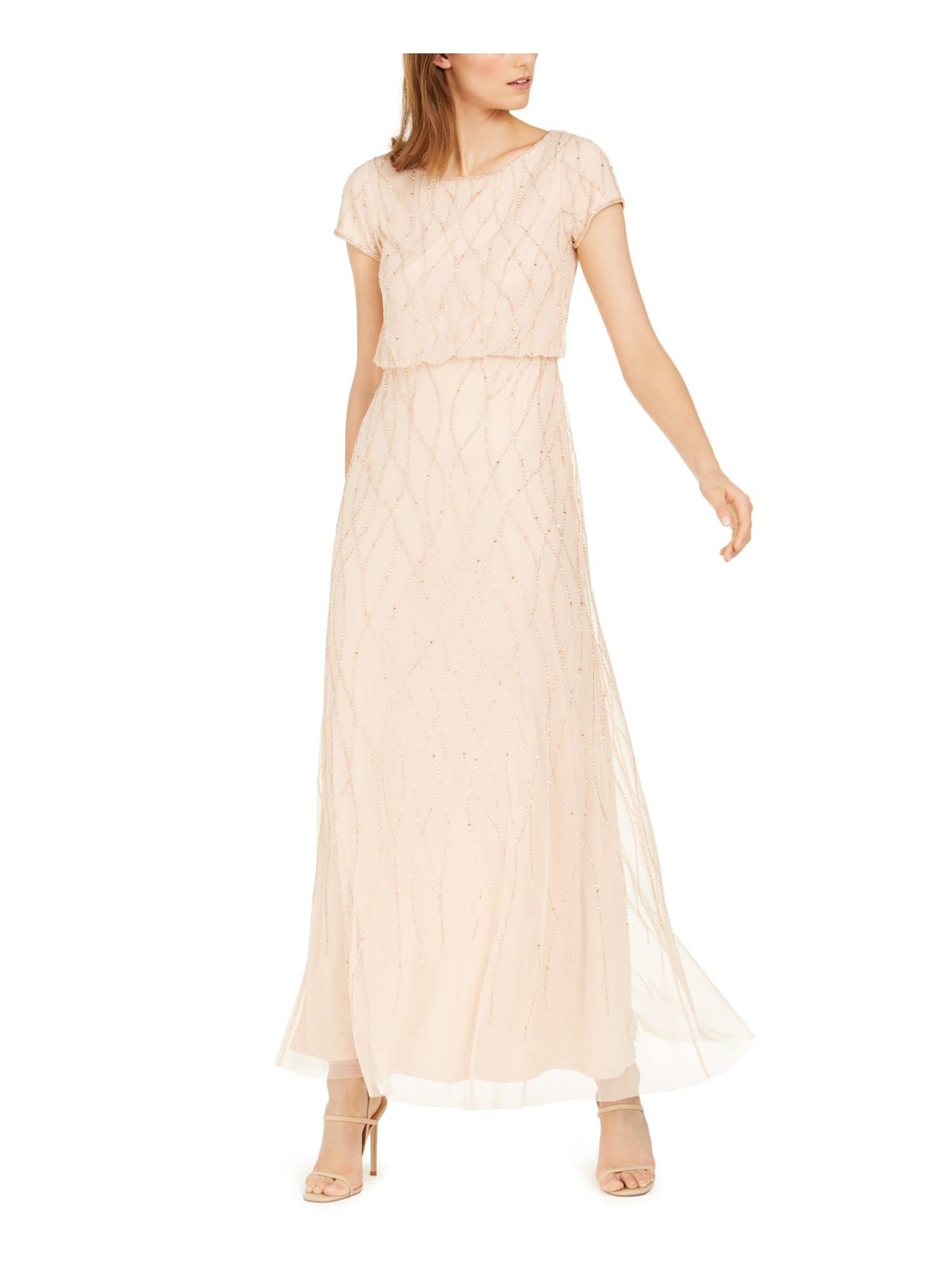Adrianna Papell Women's Long Beaded Dress, CHAMPAGNE SAND, 14
