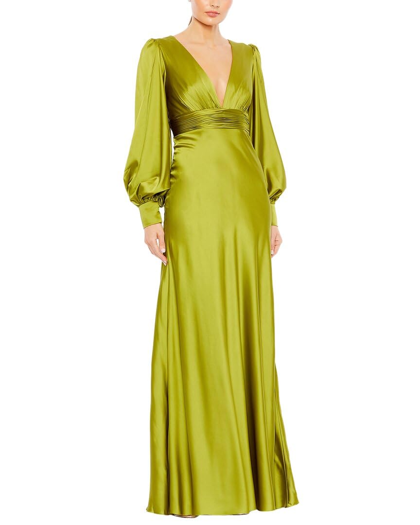 V-Neck Bishop Sleeve Charmeuse Gown by Mac Duggal