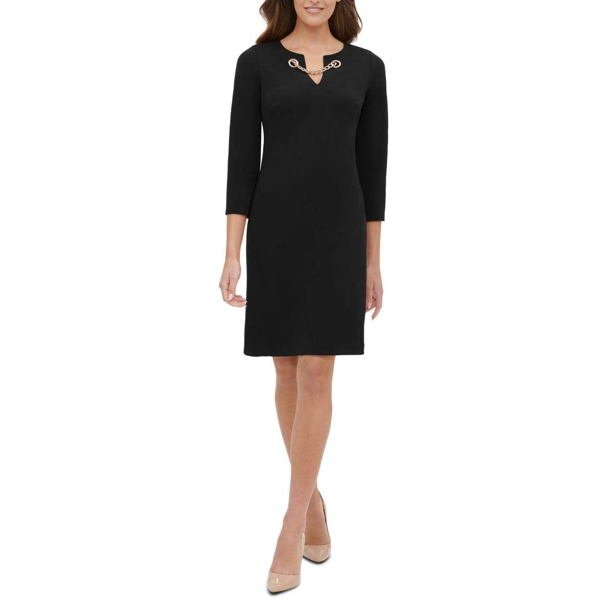 Tommy Hilfiger Womens Petites Chain V Neck Shift Dress Black 2P
