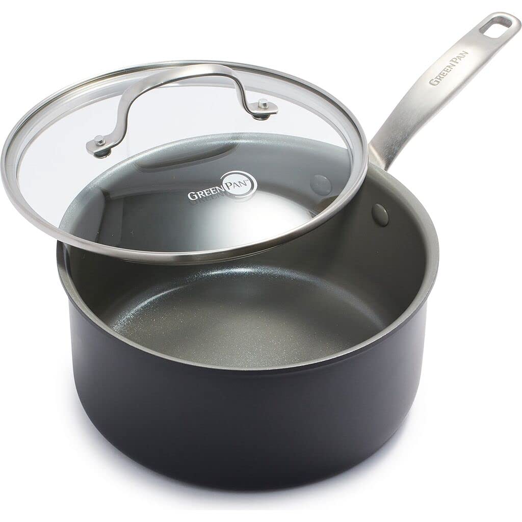 GreenPan Chatham Hard Anodized Healthy Ceramic Nonstick 3QT Saucepan Pot with Lid PFASFree Dishwasher Safe Oven Safe Gray