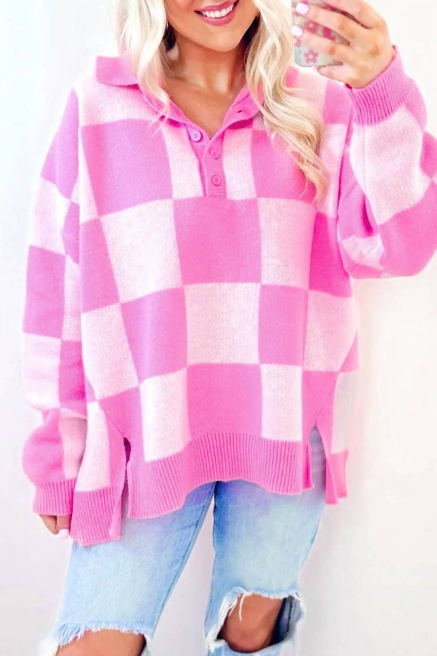 Pretty Bash - Checker Collared Drop Shoulder Sweater