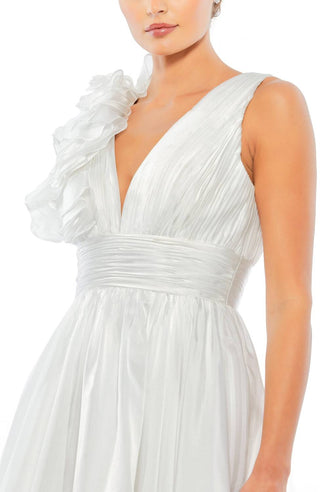 Ieena For Mac Duggal - Ruffle Shoulder Empire Waist Deep V-neck Dress