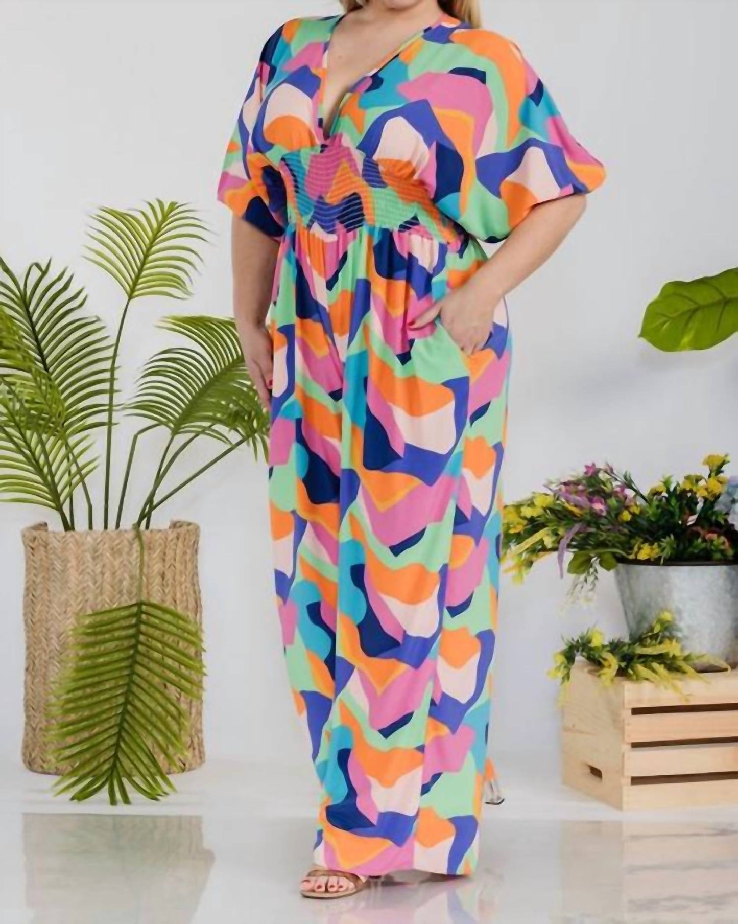 Karen T Design - Smocked V-neck Jumpsuit