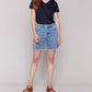 Charlie B - Embroidered Fringed Hem Denim Shorts