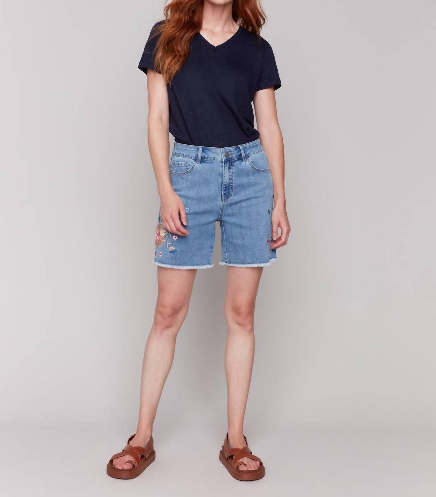 Charlie B - Embroidered Fringed Hem Denim Shorts