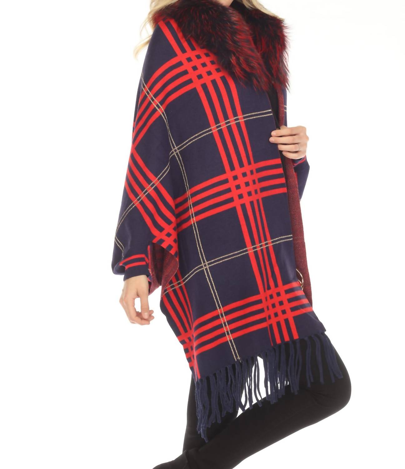 Oolala - Plaid Pattern Real Fur Collar Fringe Cape