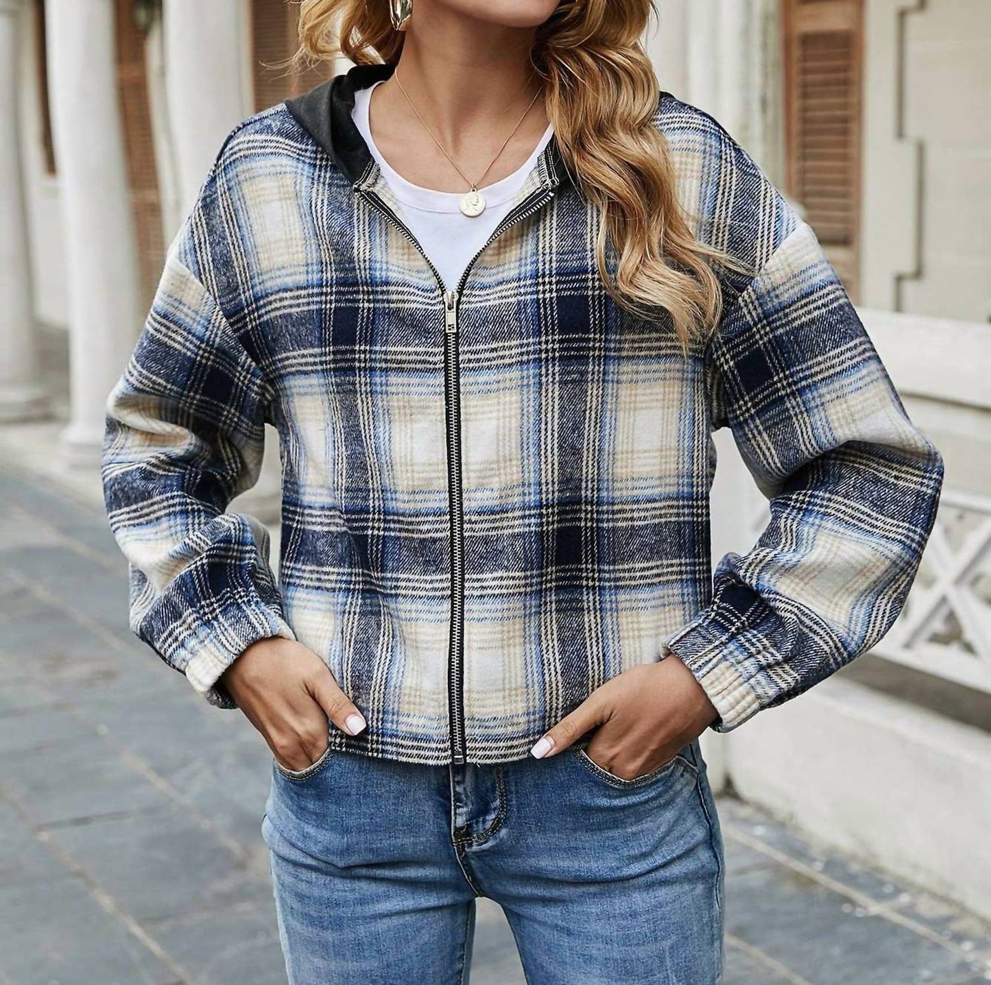 Miss Sparkling - Plaid Print Zip Up Hooded Jacket