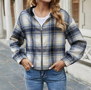 Miss Sparkling - Plaid Print Zip Up Hooded Jacket