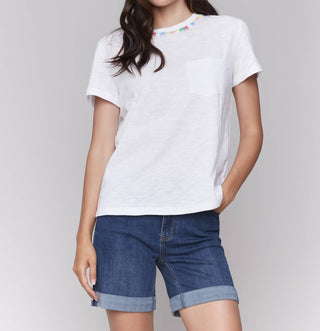 Charlie B - Short Sleeve Tee with pastel embroidery at neck
