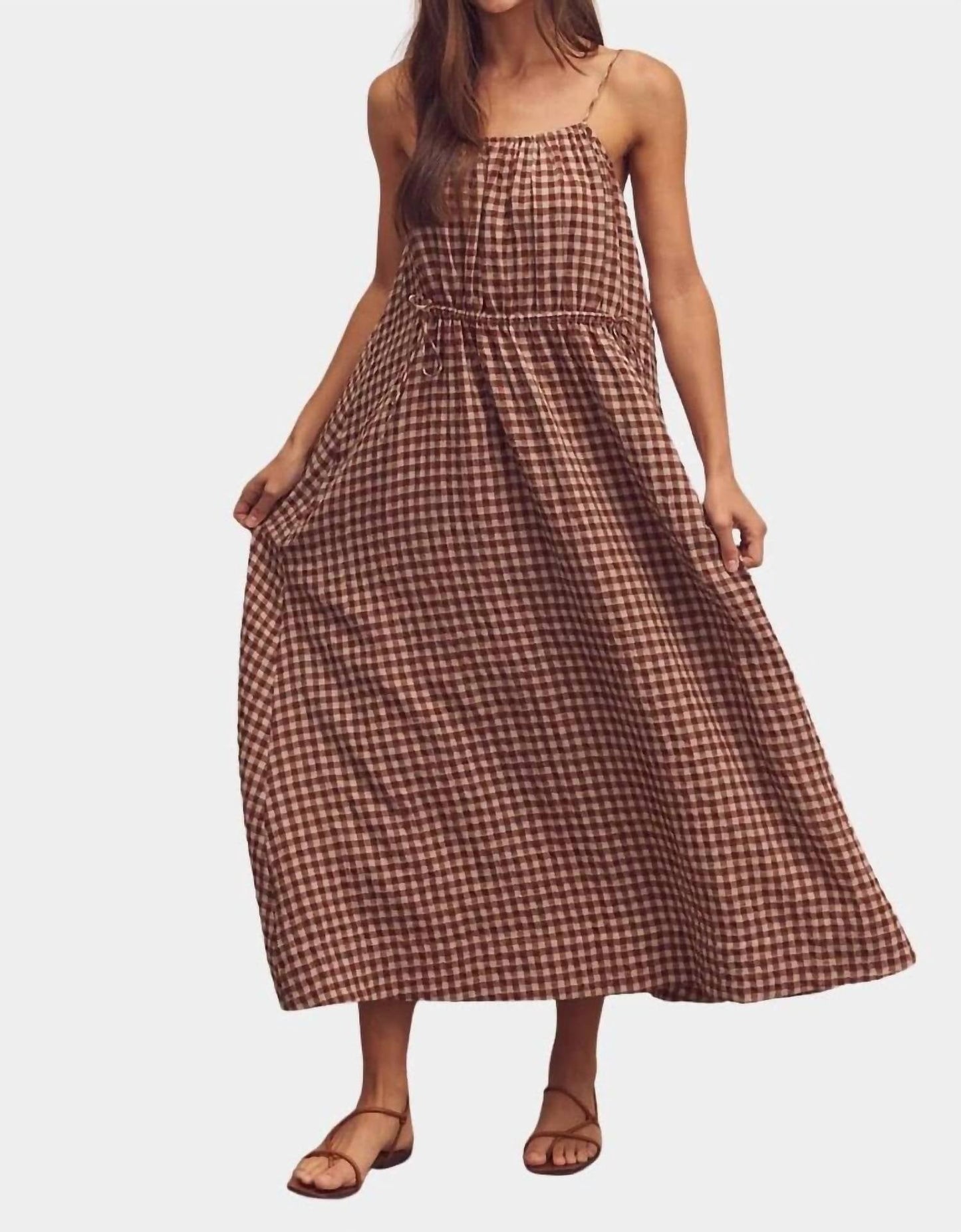 Amente - Front Shirring Gingham Cami Midi Dress