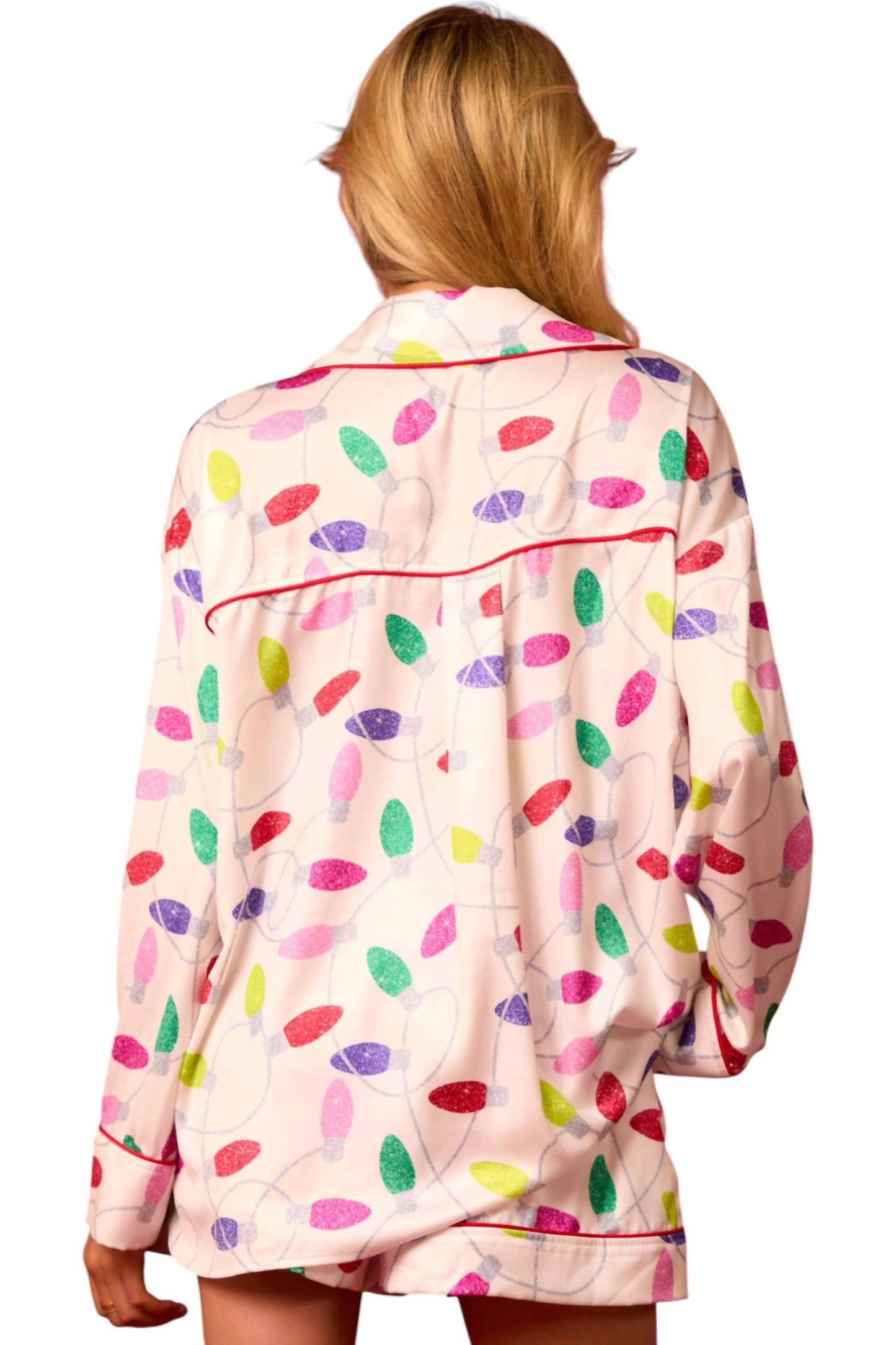 Peach Love - Satin Christmas Lights Prints Pajama Set