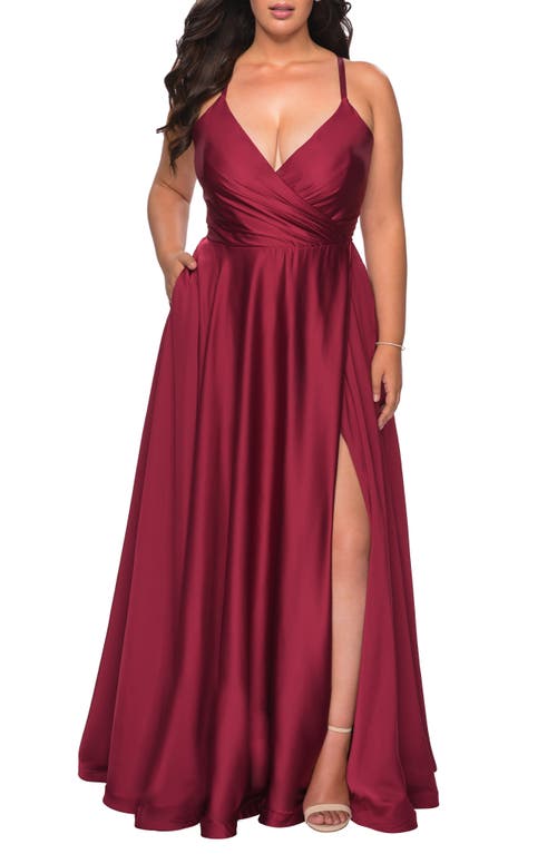 La Femme Strappy Back High Slit Gown in Wine, Size 20W
