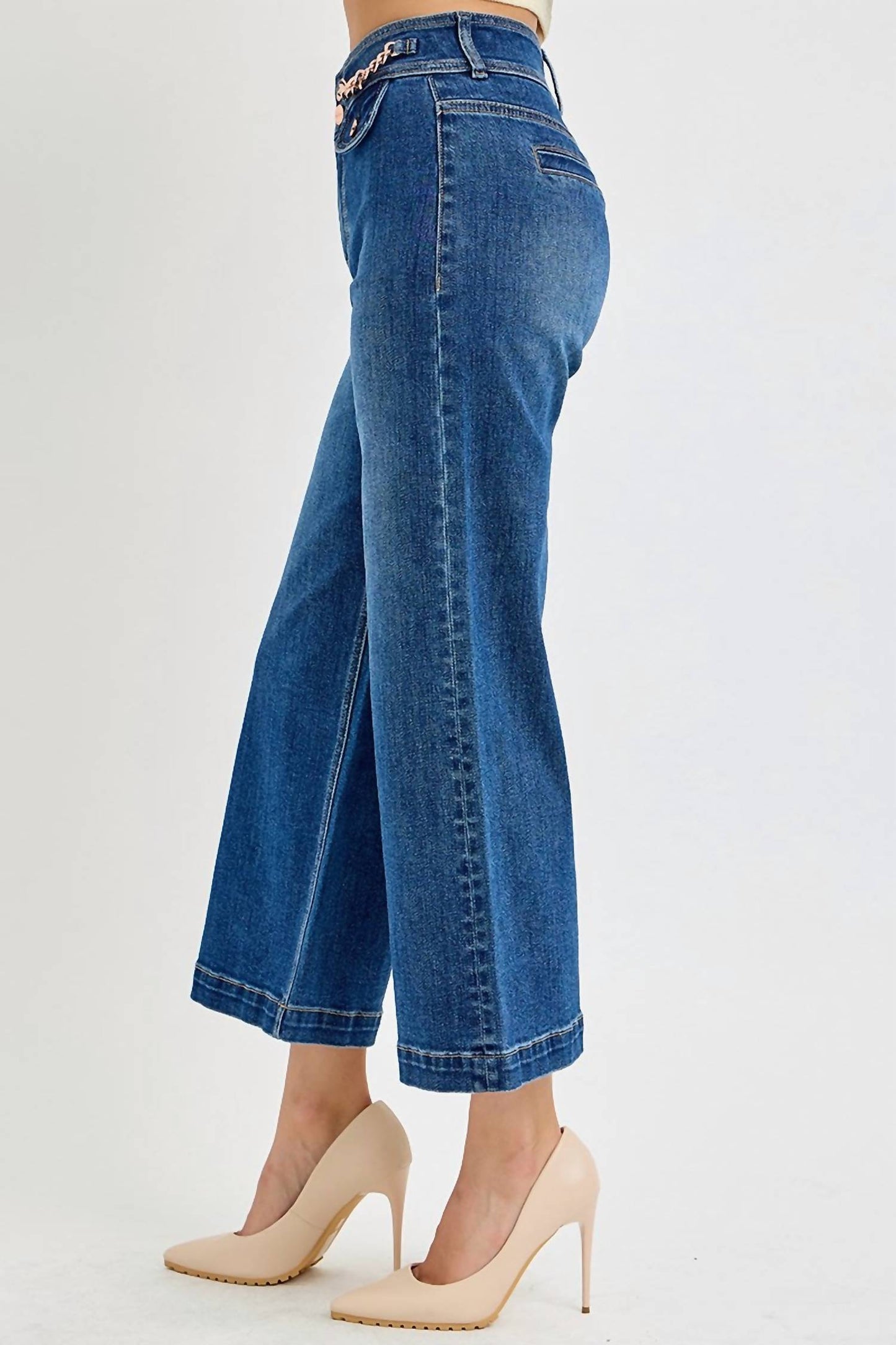 Risen - High Rise Crop Wide Waist Chain Detail Jeans