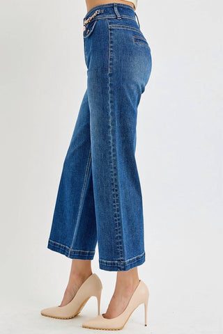 Risen - High Rise Crop Wide Waist Chain Detail Jeans