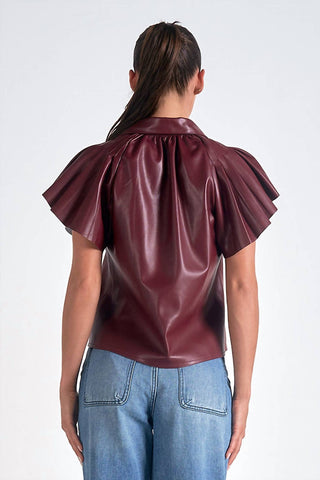 Elan - Flutter Sleeve Faux Leather Top