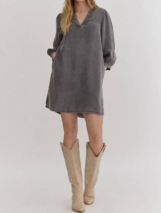 Entro - Balloon Sleeve V-neck Denim Dress