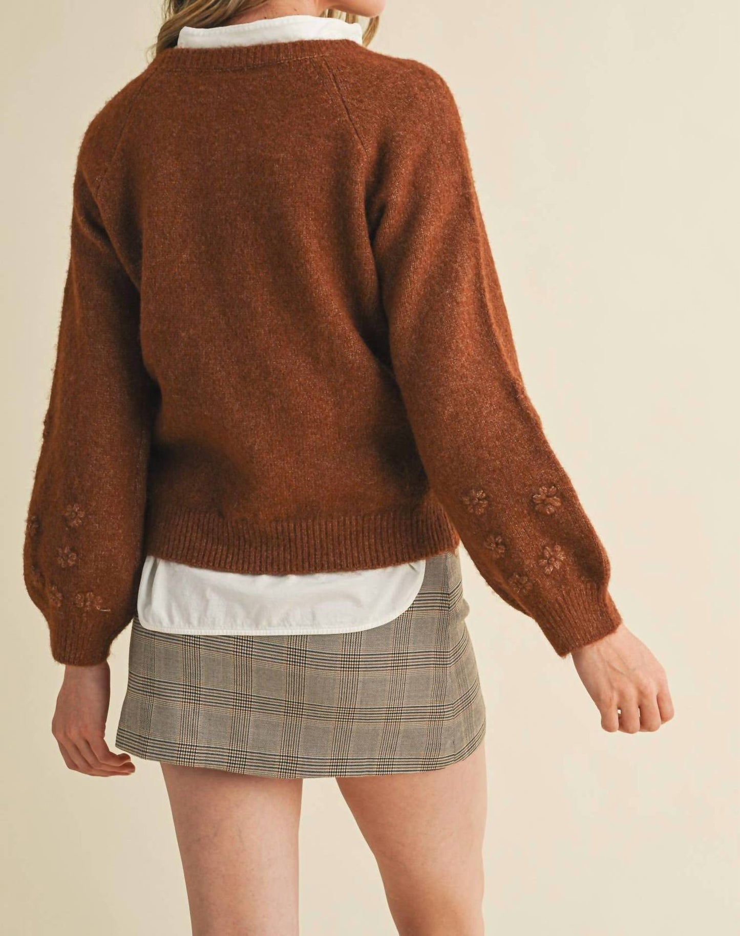 &Merci - Floral Knit Puff Sleeve Sweater