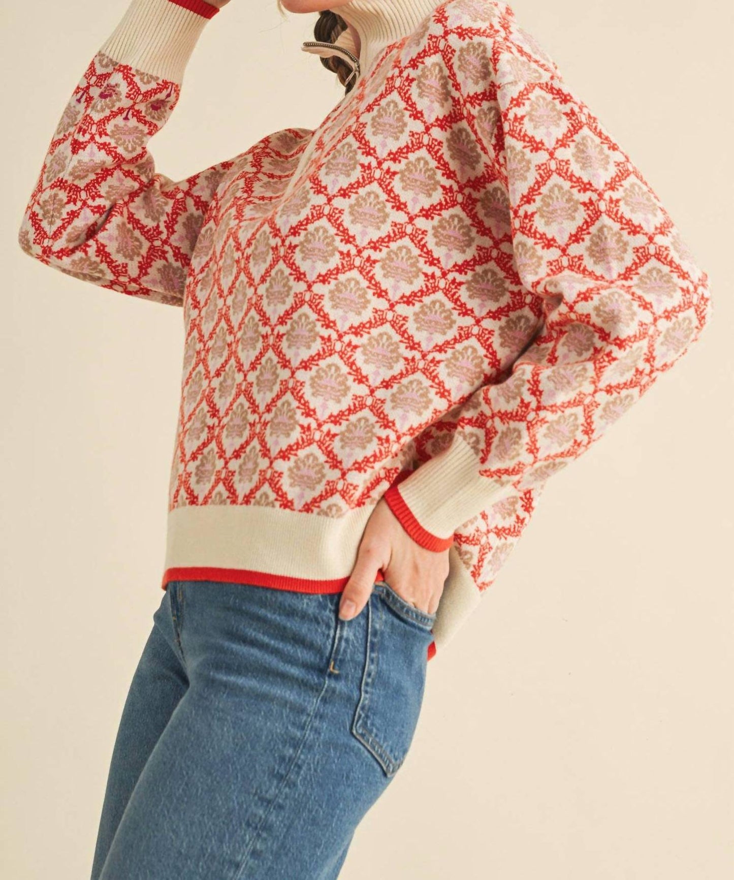 &Merci - Floral Mock Neck Half Zip Pullover