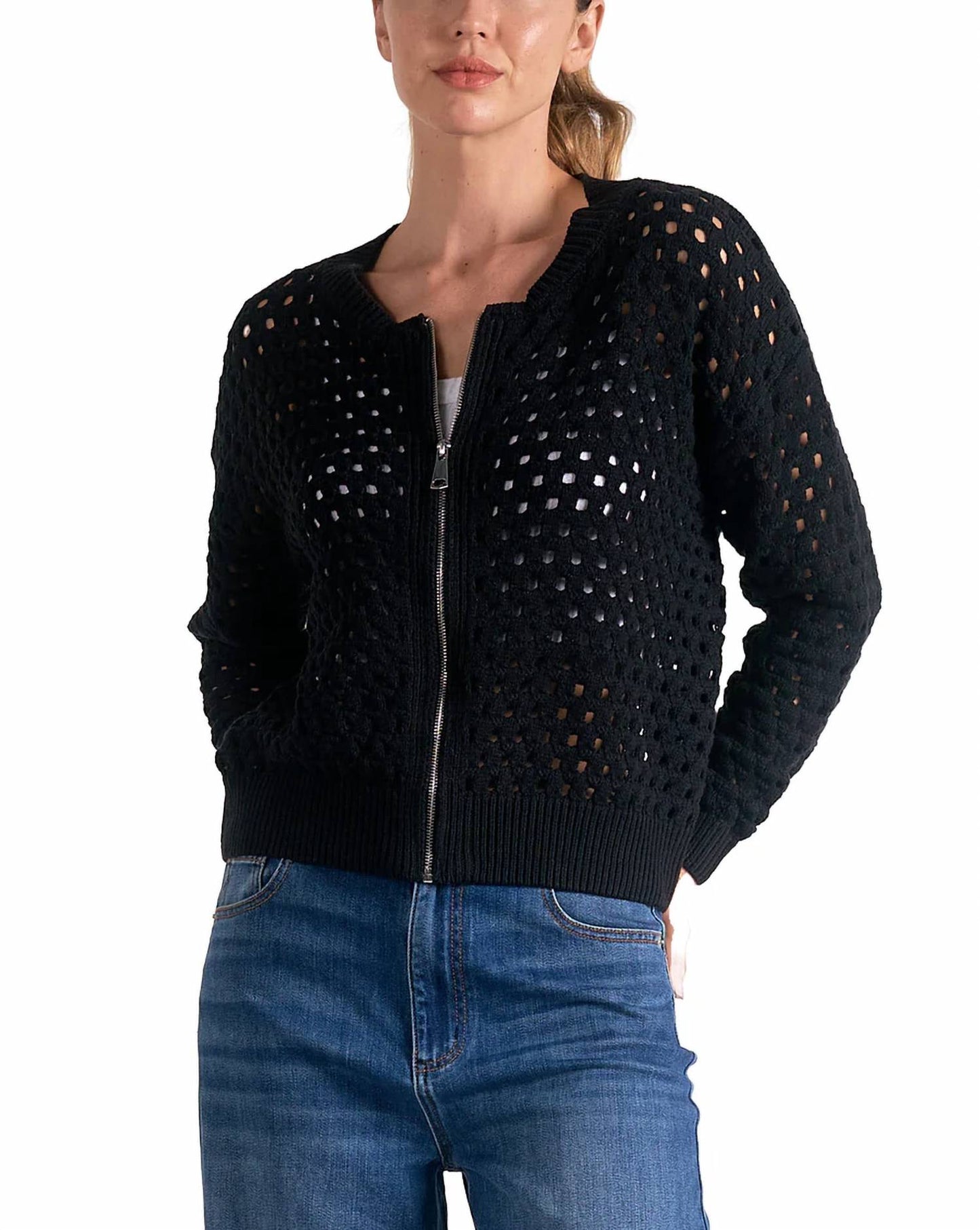 Elan - Eyelet Zip Up Sweater Cardigan