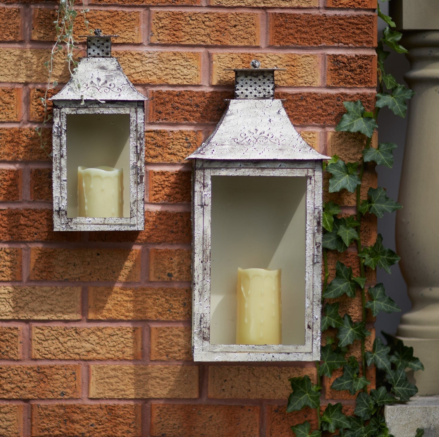 Weathered metal lantern with backing (set of 2)