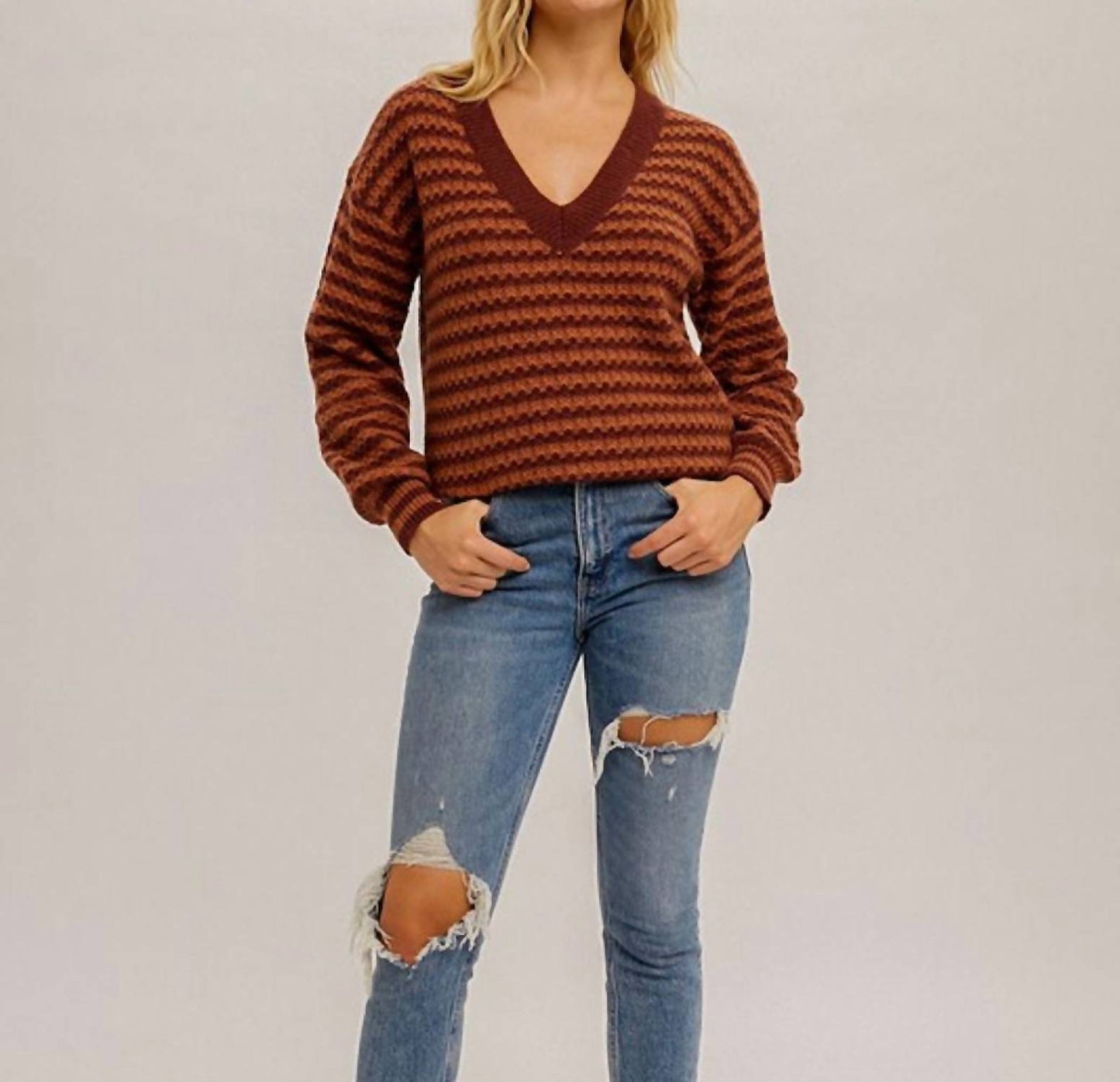 Hem & Thread - V-neck Striped Bubble Sleeve Sweater