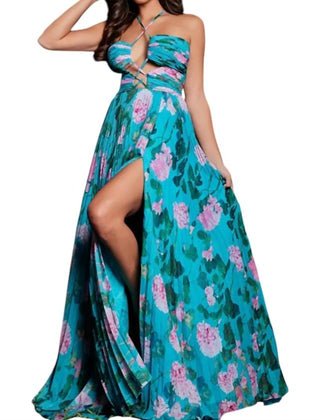 Jovani - Floral Pleated Gown