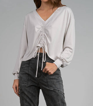 Elan - V-Neck Long Sleeve Cinched Front Top