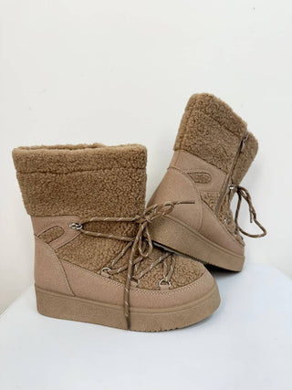 Ccocci - Women's Borg Fleece Furry Lace Up Snow Boots