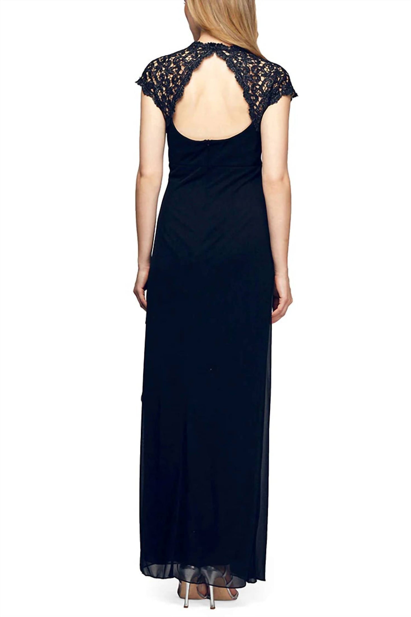 Alex Evenings - Metallic Lace Neckline Gathered Side Mesh Gown