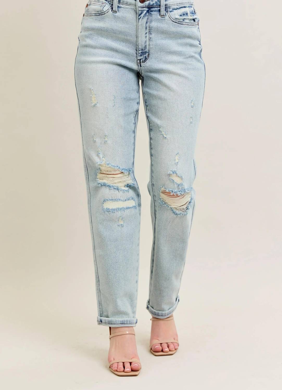 Trendsi - Judy Blue Full Size Mr Repair Stitch Detail Destroy Single Cuff Bf Jeans Plus Size