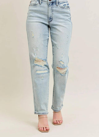 Trendsi - Judy Blue Full Size Mr Repair Stitch Detail Destroy Single Cuff Bf Jeans Plus Size