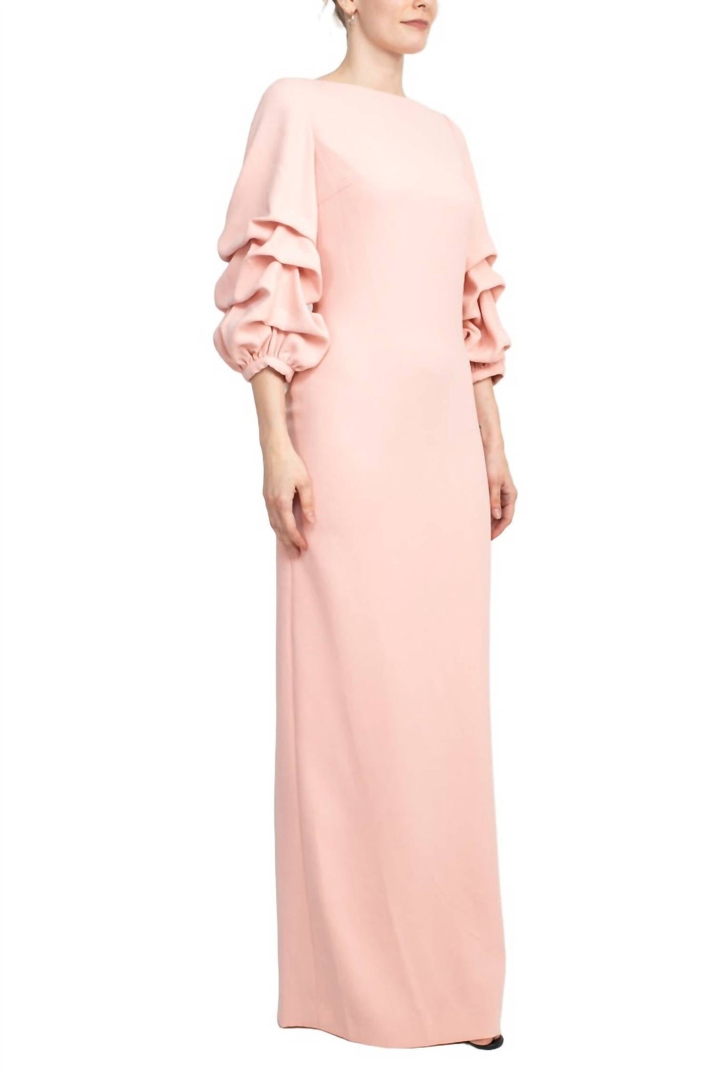 Alberto Makali - Boat Neck Gathered 3/4 Sleeve Column Slit Back Scuba Dress