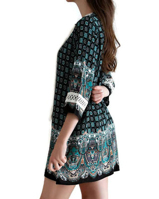 Entro - Border Print Lace up Tassel Tie Dress