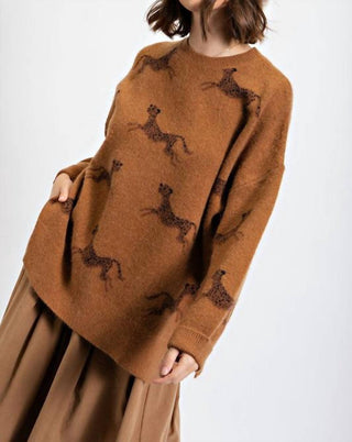 Easel - Round Neck Drop Shoulder Cheetah Printed Sweater - Plus