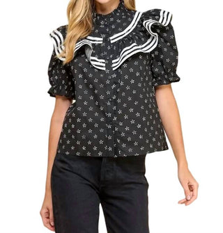Tcec - Floral Ruffle Detail Button Up Top