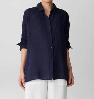 Eileen Fisher - Puckered Linen Stripe Classic Collar Shirt