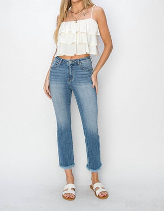 Risen - Mid-Rise Raw Hem Straight Jeans