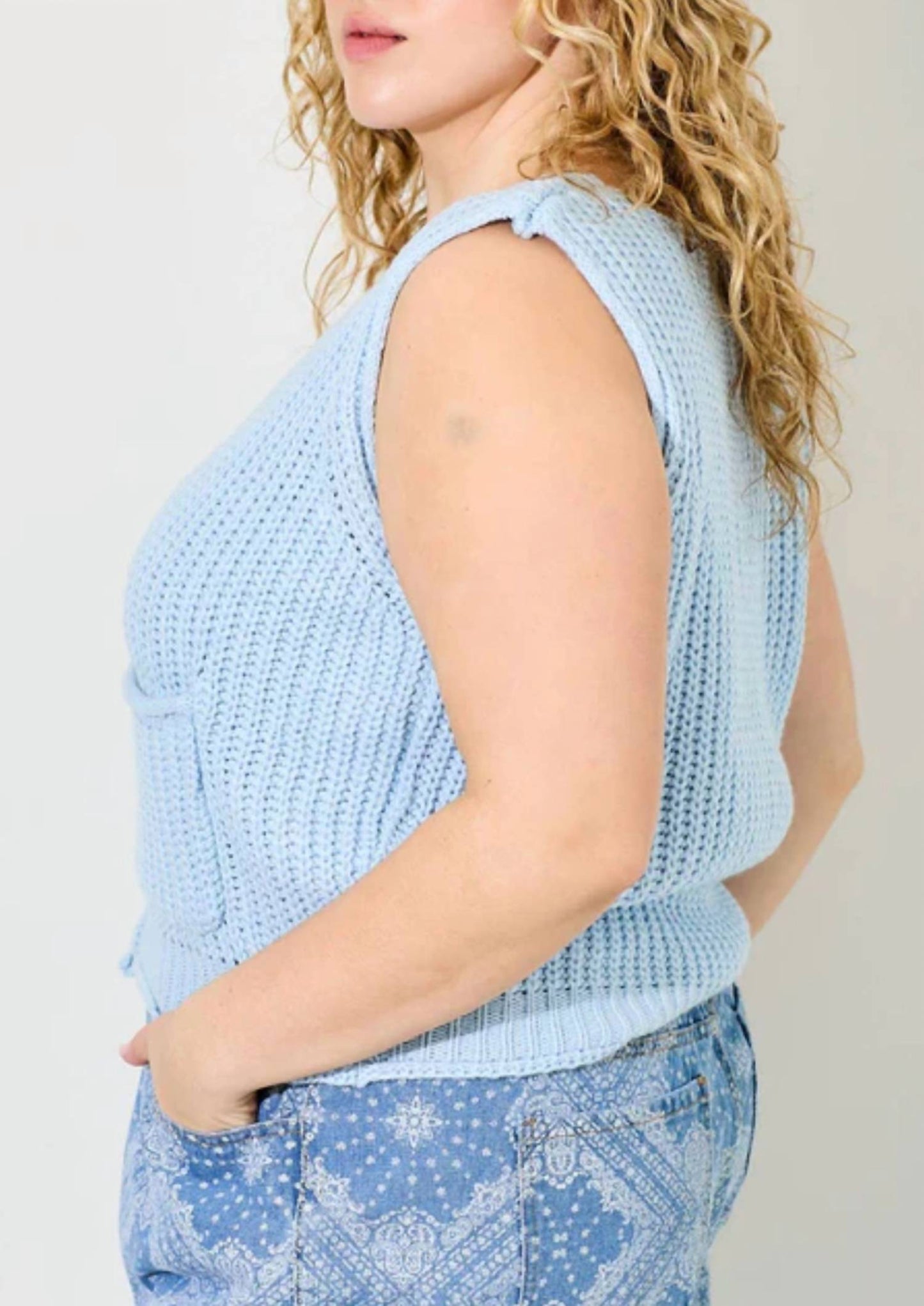 Baevely By Wellmade - Plus-size Powder Sky Knitted Vest