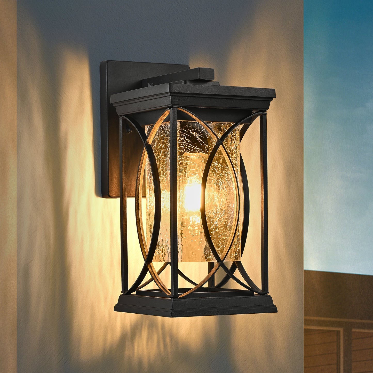 14'(H) Black Outdoor Wall Lantern with Crackled Glass