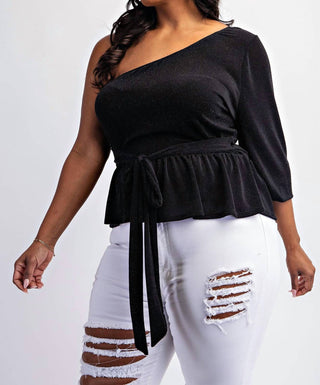 The Curve La - Plus Size One Shoulder Peplum Top With Tie