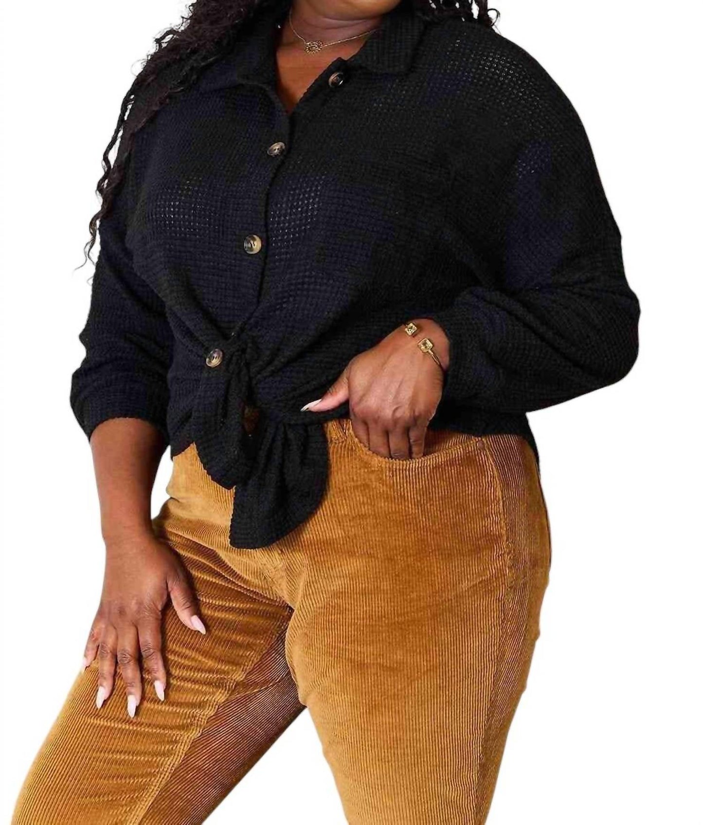 Double Take - Elegant Waffle-Knit Collared Shirt